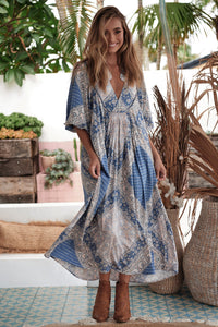 Boheme Midi Dress Denim Skies Print by Jaase Kenzie Tenzie