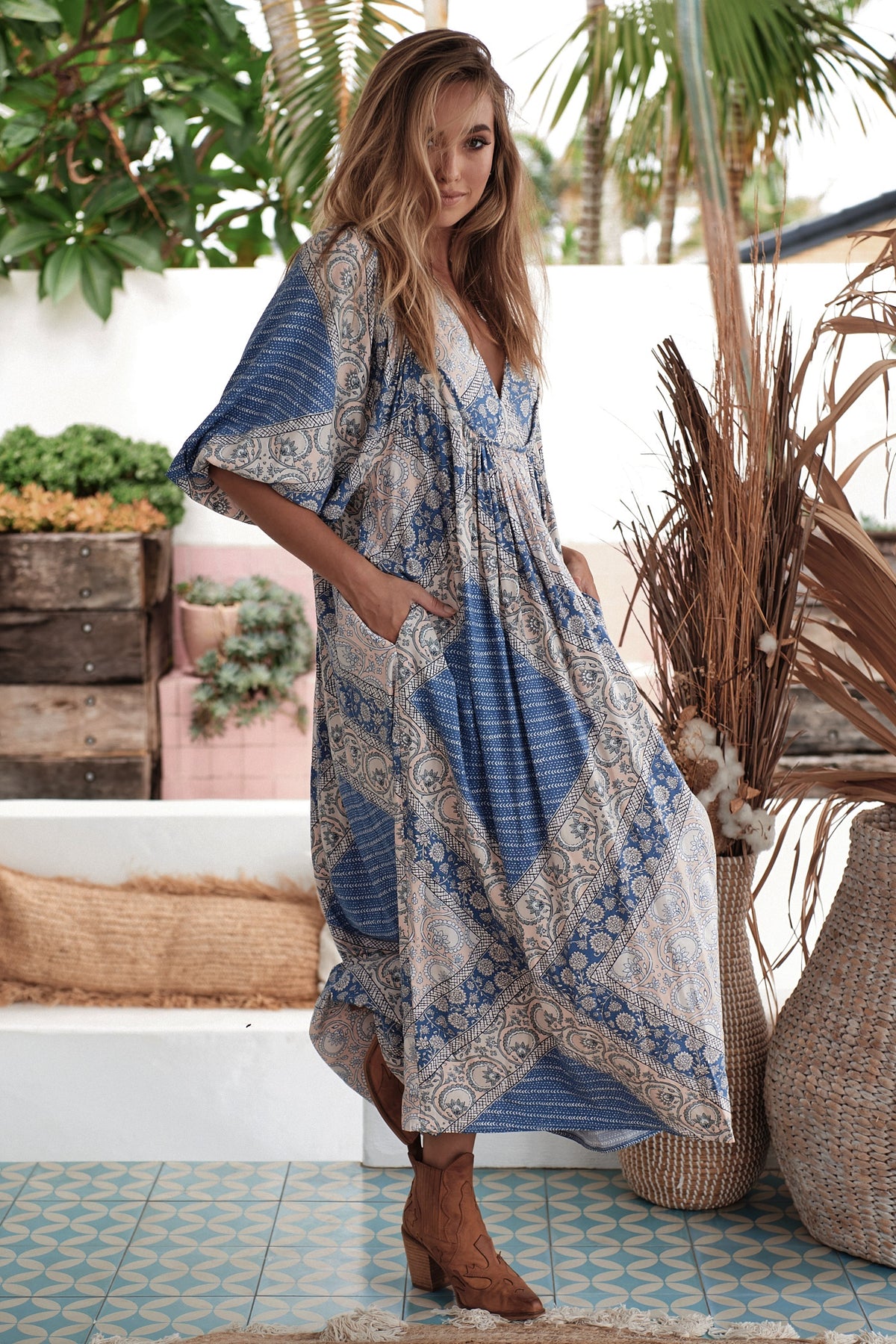 Boheme Midi Dress Denim Skies Print by Jaase Kenzie Tenzie
