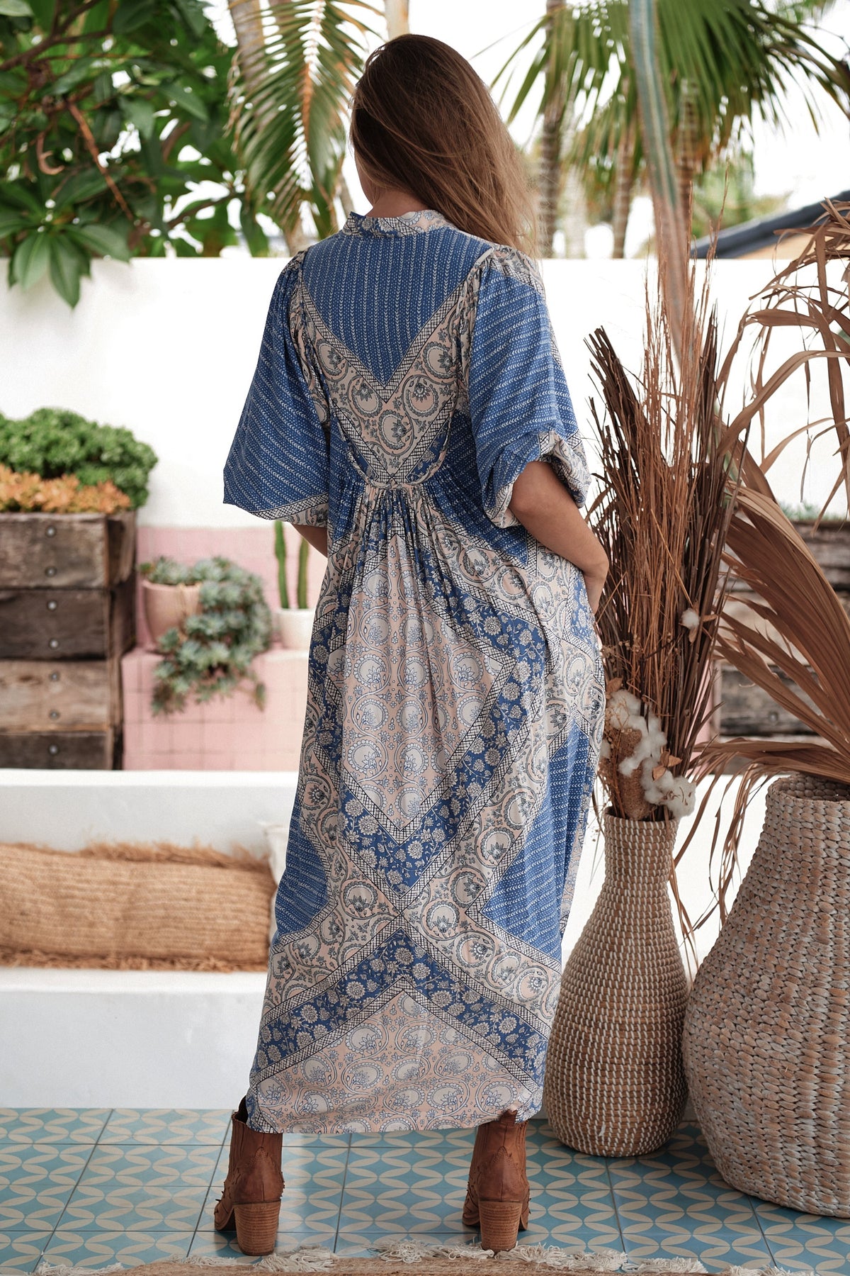 Boheme Midi Dress Denim Skies Print by Jaase Kenzie Tenzie