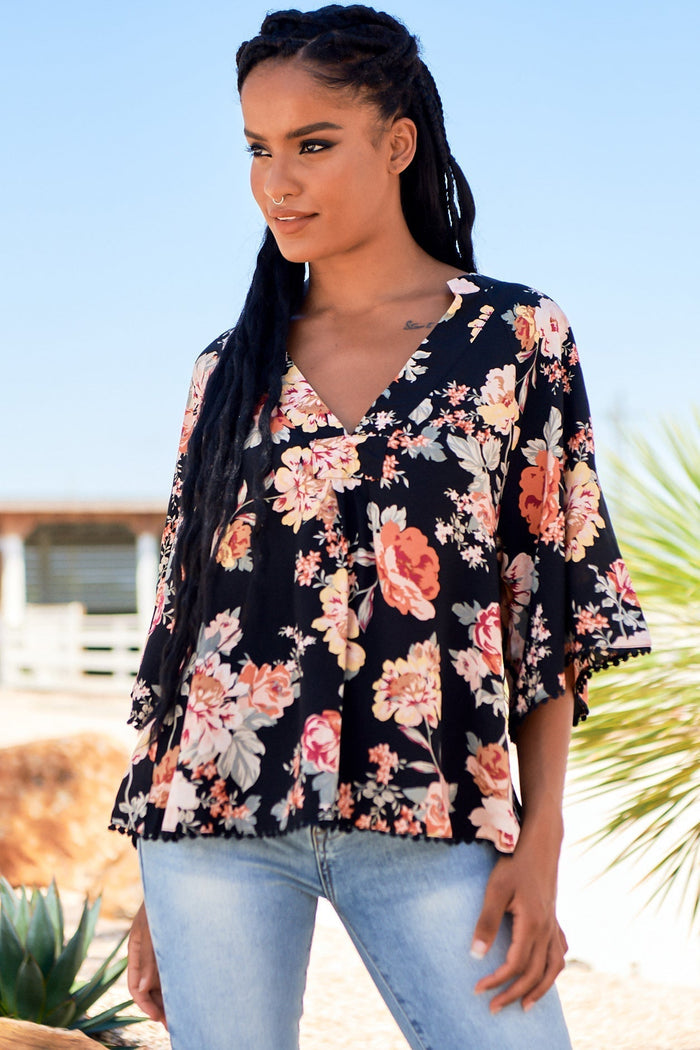 Gabriella Top Winter Rose Black Print by Jaase Kenzie Tenzie