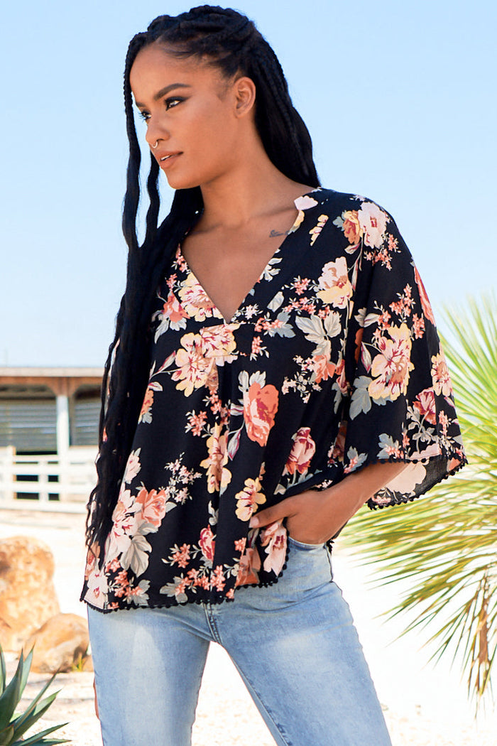 Gabriella Top Winter Rose Black Print by Jaase Kenzie Tenzie