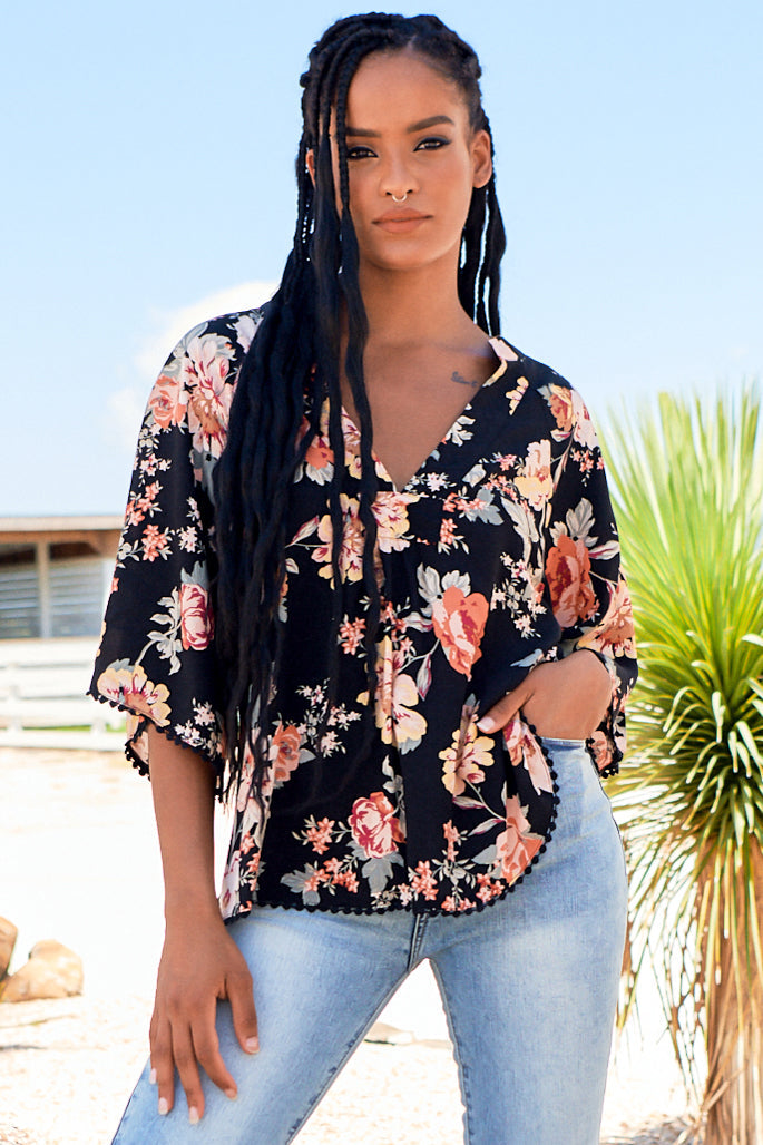 Gabriella Top Winter Rose Black Print by Jaase Kenzie Tenzie