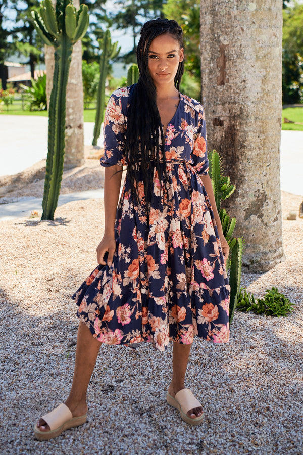 Eve Midi Dress Winter Rose Navy Print by Jaase Kenzie Tenzie