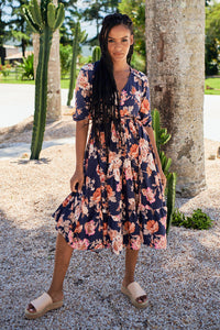 Eve Midi Dress Winter Rose Navy Print by Jaase Kenzie Tenzie