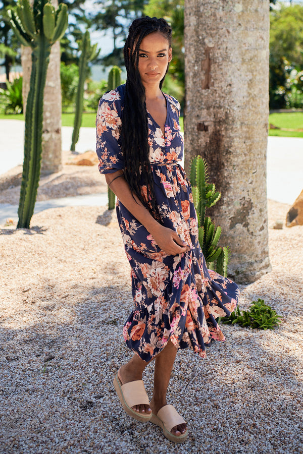 Eve Midi Dress Winter Rose Navy Print by Jaase Kenzie Tenzie