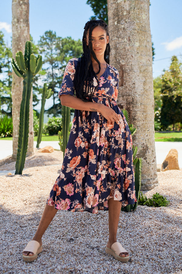 Eve Midi Dress Winter Rose Navy Print by Jaase Kenzie Tenzie