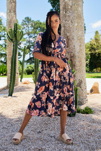 Eve Midi Dress Winter Rose Navy Print by Jaase Kenzie Tenzie