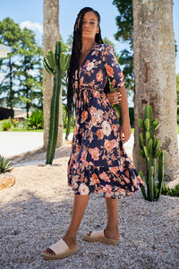 Eve Midi Dress Winter Rose Navy Print by Jaase Kenzie Tenzie