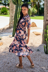 Eve Midi Dress Winter Rose Navy Print by Jaase Kenzie Tenzie