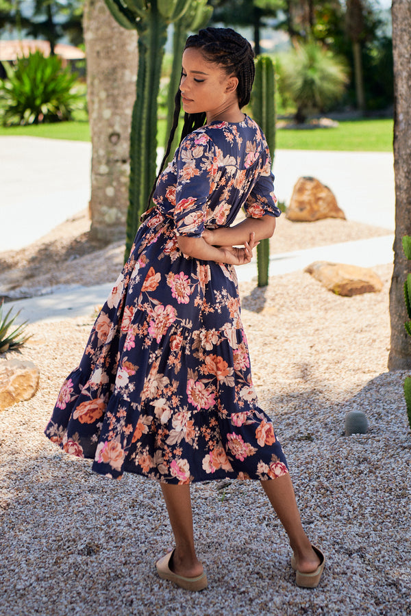 Eve Midi Dress Winter Rose Navy Print by Jaase Kenzie Tenzie