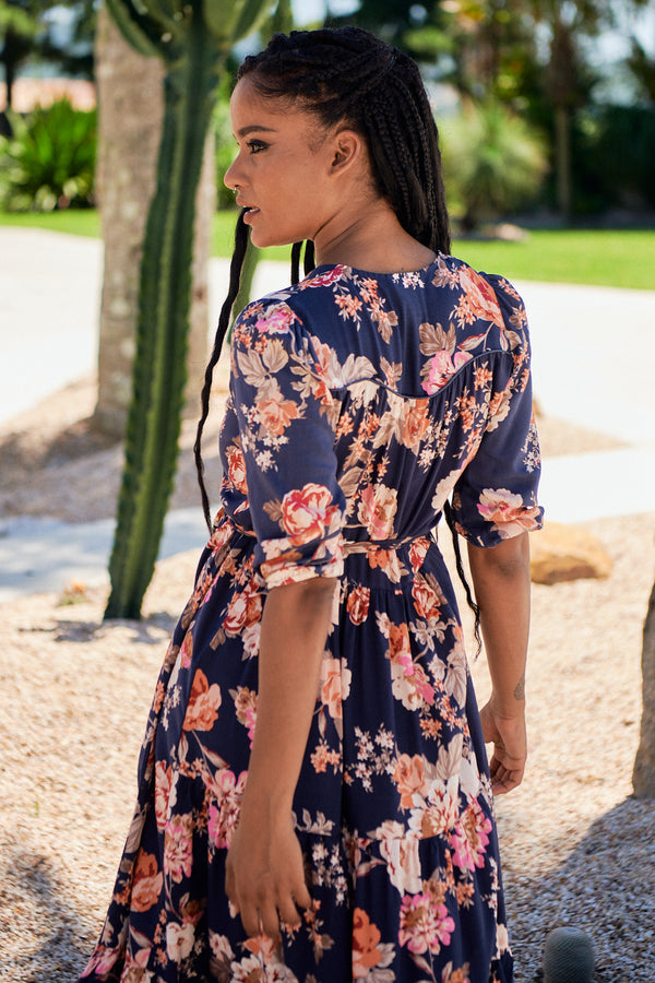 Eve Midi Dress Winter Rose Navy Print by Jaase Kenzie Tenzie