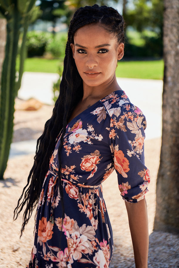 Eve Midi Dress Winter Rose Navy Print by Jaase Kenzie Tenzie