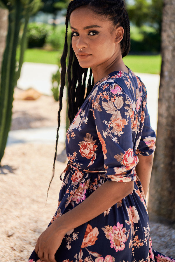 Eve Midi Dress Winter Rose Navy Print by Jaase Kenzie Tenzie