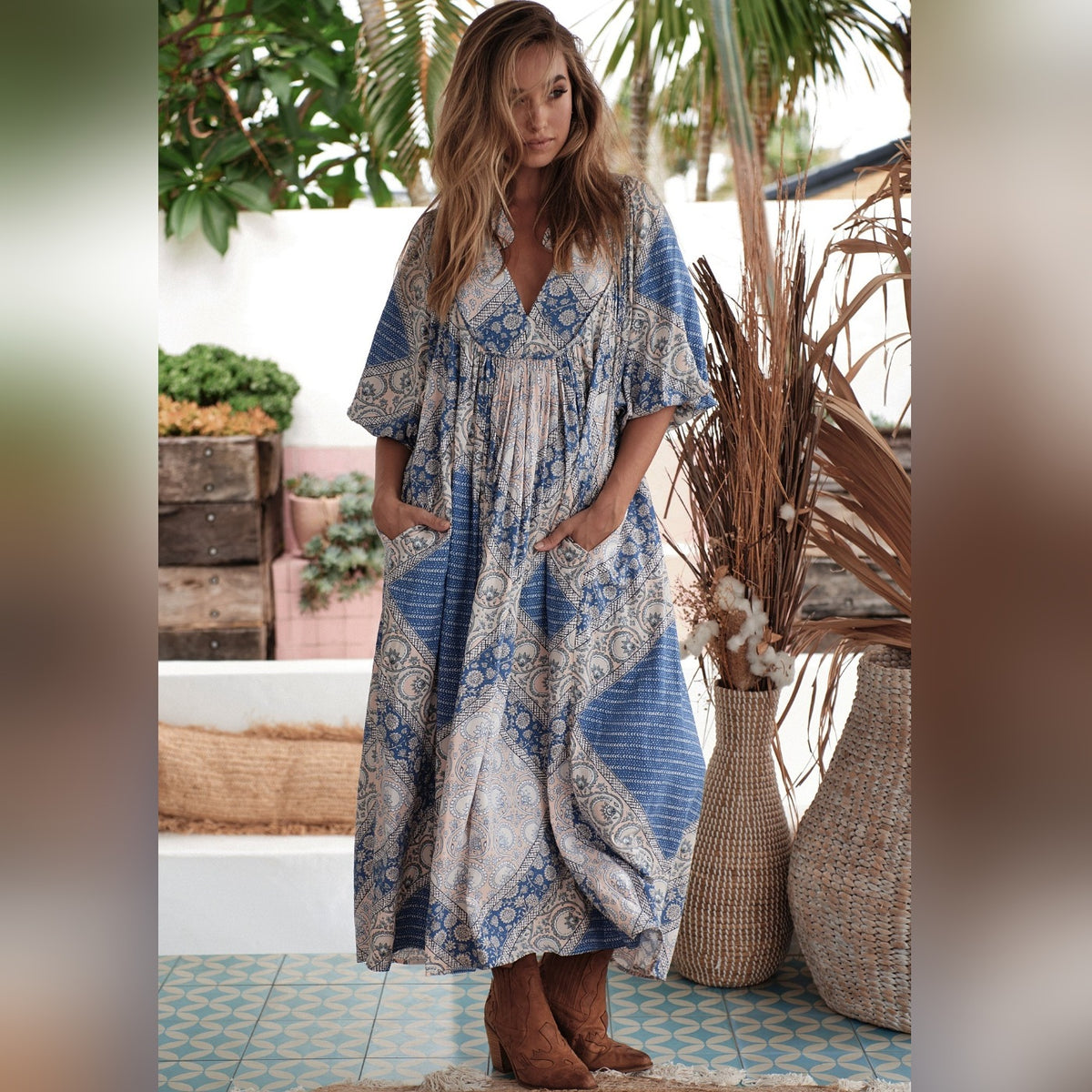 Boheme Midi Dress Denim Skies Print by Jaase Kenzie Tenzie
